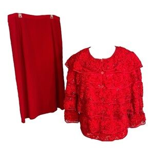 Vintage red three piece set maxi dress with floral lace embellished jacket